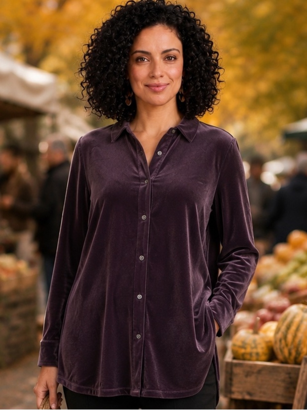 J. Jill Wearever Velvet Button-Front Shirt in Plum - Picture 7 of 7